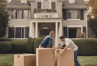 two men moving boxes in front of a house