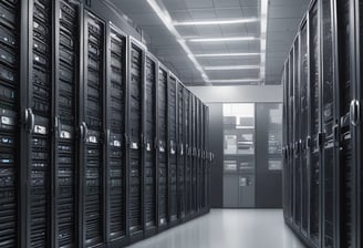 A room filled with sleek black server racks, arranged neatly in rows. The servers are part of a data center with visible structured wiring and ceiling cable trays. Bright overhead lighting illuminates the space, adding to the modern high-tech environment.