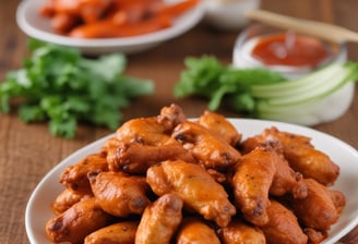 A close-up view of a plate with a single chicken wing placed in front of two small sauce cups. A glass of beer, salt and pepper shakers, and a dark table setting are visible in the background, suggesting a casual dining atmosphere.