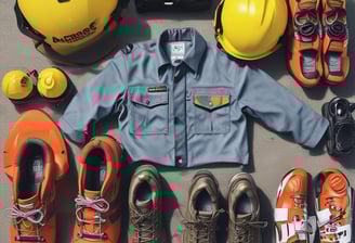 Workers in safety gear, including helmets and high-visibility vests, stand near a waterfront. A crane is present, possibly involved in construction or maintenance work. In the background, there are several boats moored, and a large building with towers is visible across the water. The foreground shows a pile of seaweed or debris.