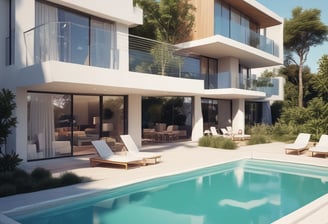 A construction site with several large, modern-looking residential buildings. The landscape in the background shows green fields and distant settlements. There is a swimming pool and a basketball court within the complex. Trees line the edges of the site.