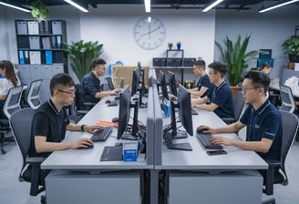 A photo of a Chinese customer support team in an office setting