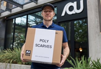 A photo of a man delivering boxes to an Au customer. The box is labeled Poly Scarves