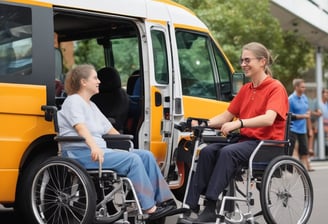 A group of children and adults are holding up various signs advocating for disability rights and inclusion in sports. The signs have messages like 'We want unified sports in the Paralympics to mainstream disability,' 'Support disability rights,' 'Don't look at the less, look at the records,' and 'Yes I can.' The participants are wearing blue shirts with orange and red lettering and are standing on an outdoor street with trees and buildings in the background.
