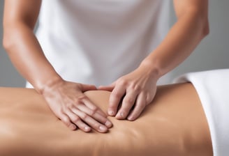 A person is applying a black knee brace to another person's leg, which is resting on a pillow. The person is also holding a handheld electronic device with a small screen displaying some controls and information, likely related to therapy or treatment.