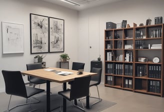 A monochrome office environment with several people working at desks. Stacks of papers and computer screens are visible, creating a busy workplace setting. The office is divided by low partitions, and there are fluorescent lights on the ceiling.