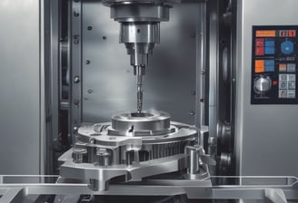 A close-up view of a metalworking machine, focusing on a drill bit actively cutting or drilling into a piece of metal. Sparks and metal shavings are visible, with a flexible coolant hose in the frame. The lighting is dim with warm tones, emphasizing the metallic surfaces.