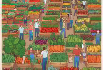 A bustling outdoor marketplace with numerous vendors and shoppers under colorful umbrellas. Various goods like fruits, vegetables, and other items are displayed on tables. People are interacting and engaging in commerce, with a lively atmosphere and a sense of community.