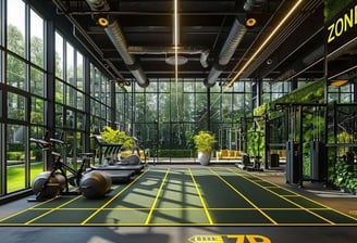 a modern gym with open-plan design and greenery
