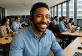 a man in a blue shirt and headphones on a desk