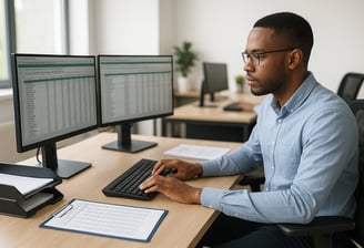 a man sitting at a desk with two monitors and a keyboard