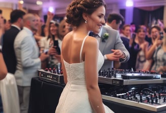 A couple is dressed in formal attire, with one person in a wedding dress holding a champagne bottle while the other person, wearing a bow tie and boutonniere, smiles. They stand in front of large speakers in what appears to be a festive setting.