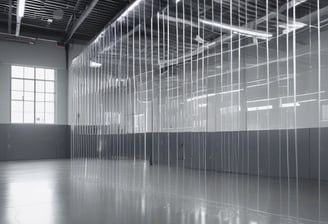 Vertical, textured curtains with light streaming through, creating a pattern of shadows.