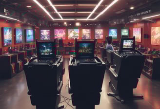 A vibrant casino interior filled with rows of colorful slot machines, each illuminated with bright lights and displays. The ceiling is adorned with elegant chandeliers and golden drapes, creating a luxurious atmosphere. The patterned carpet adds to the elaborate design of the space.
