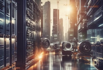 A robot with intricate details is positioned against a dimly lit, reddish background. The robot features a pair of goggles with round lenses and a grill-like mouth. Orange accents are present on its headgear, resembling a cap or visor. The metallic texture and design components suggest a blend of retro and industrial aesthetics.
