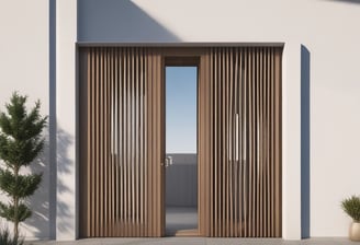 A wooden framed window with a metal grid installed over it. The window panes are reflective, displaying a faint reflection of a building structure and some foliage. The frame is set in a pale-colored wall, and there is a portion of a cream railing visible at the bottom.