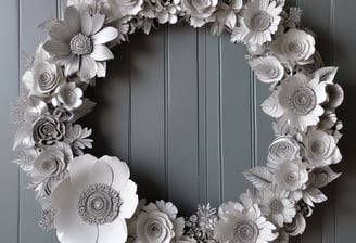 A decorative wreath made of intertwined branches with a wooden texture. Inside, a small wire sculpture resembles a person wearing a floral dress. Musical notes crafted from wire are integrated into the design, giving a sense of movement and rhythm.