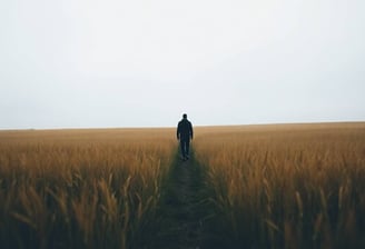 a man walking through a field of tall grass