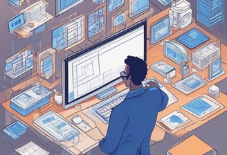 A modern workspace setup featuring a large monitor and a laptop displaying web pages. The desk has a wireless keyboard, a mouse, and a card labeled '#Hashtag Campaign'. The space is clean and organized with a focus on digital content.