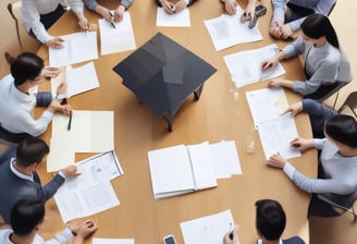 A group of people is engaged in a training session in a conference room setting. A presenter is standing and holding a sheet of paper, addressing the group seated at a round table. The attendees are actively listening, and there's a banner in the background advertising UX training. The room is well-lit, with a flipchart visible at one side.