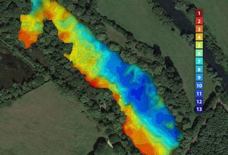 a complete lake depth map with a custom depth scale