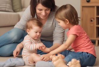 A baby lying on a soft white surface, looking upwards with bright eyes. Gentle hands with manicured nails and rings are tending to the baby, suggesting a nurturing interaction. The background features a crib rail and soft, blurred shapes, contributing to a peaceful and caring setting.