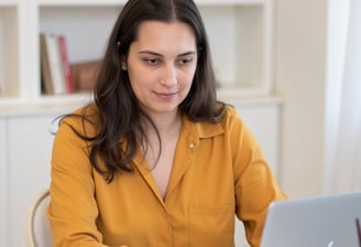 a woman sitting at a table with a laptop computer