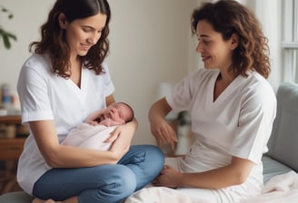 A healthcare professional, dressed in white and wearing gloves, examines a newborn baby while the mother holds the baby on a sofa. A young girl is also present, sitting next to the mother and baby, observing attentively. There is a decorated Christmas tree in the background, indicating a festive atmosphere.