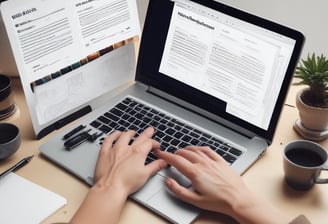 A person is using a laptop displaying a website for designing custom t-shirts. The hands on the keyboard suggest active engagement, with a slice of chocolate cake on a plate and a cup of coffee nearby. A vase with green leaves adds a touch of nature to the scene. A watch is visible on the person's wrist.