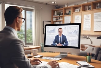 A professional consultation setting with a medical professional sitting at a desk facing a client. The room has a modern aesthetic with white walls decorated with framed certificates. The desk is organized with office supplies, a laptop, and a fruit bowl in the center.