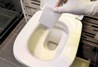 eco-friendly toilet cleaner sheet being dropped in the toilet bowl
