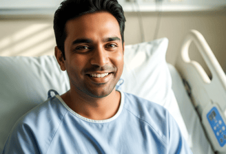 A man in a hospital bed wearing a blue gown.