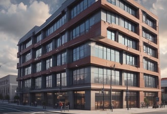 A group of people dressed in formal attire are standing in front of a real estate office. The storefront displays a large sign with an URL and various social media icons, and text in a foreign language. The group mostly consists of men in white shirts and dark trousers, standing in a straight line, with two women at either end of the row.