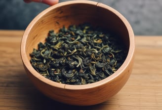 A package of 'Masala Blend' Indian Masala Chai tea on a wooden surface, surrounded by lush green leaves. The packaging is predominantly blue with intricate designs and text in gold and white, featuring an artistic landscape illustration at the bottom.