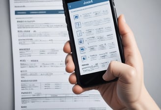 A person is holding a tablet device displaying a digital rendering of a leg with a white medical cast. In the background, there is a medical examination table and glass panels with red stripes.