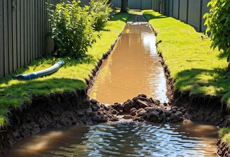 An image of a flooded trench after an underground utility was struck from digging