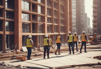 A chain-link fence with two signs attached stands along a sidewalk. The left sign features a red circular logo with text indicating a construction safety team. The right sign displays the name and information of a general contractor. Behind the fence, there is a grassy area with bushes and trees, and an industrial area with buildings in the background under a clear blue sky.