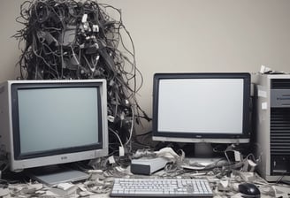 A workbench is cluttered with technology repair tools and disassembled electronic devices. Multiple laptops are open, and an overhead lamp provides focused lighting on the workspace. A backpack sits at the back, amidst a disarray of tools such as screwdrivers, a utility knife, and an organized box of small components. Various pieces of electronic hardware and circuit boards are spread out on the table.