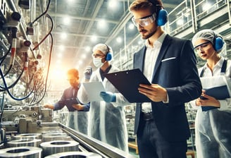 a man in a suit and earphones standing in a factory