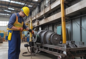 Two workers are engaged in maintenance work on a street, using a specialized vehicle equipped with a hose and large equipment. One worker is handling tools near an open manhole, while the other operates machinery on the vehicle.