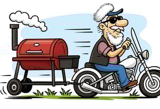 Cartoon of old biker with white hair and beard on his motorcycle pulling a smoker grille.