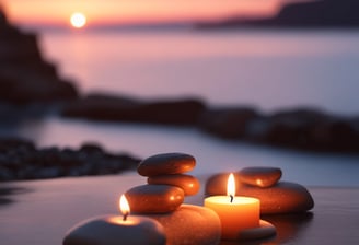 Peaceful candles and stones stacked on the beach