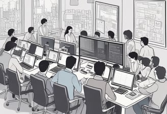 A group of young people are working in a modern office setting with computers. The focus is on a man wearing a black Adidas cap and a black Vans T-shirt, seated on a black and white chair. Others in the background also work on computers, with some standing and one holding a smartphone.