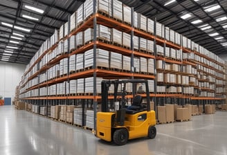 A warehouse aisle lined with tall metal shelves stacked with packaged goods. The shelves have labels and signs indicating different sections and product codes. The floor guides with blue lines direct the traffic flow within the facility.
