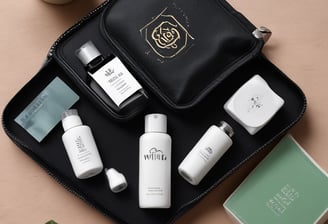 A white toothbrush with wooden handle, a brown wooden comb, a bar of soap with a minimalist label, and a bottle of body milk are neatly arranged on a soft, white fabric surface.