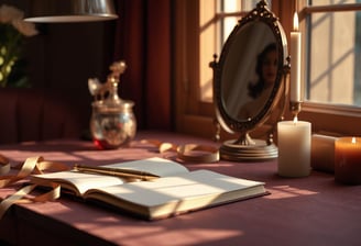Romantic writing desk with velvet surface, open journal, gold pen, ribbon, and soft candle glow.