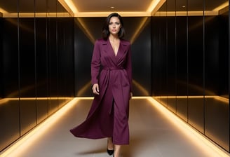 Viv in a plum silk trench walking confidently through a dark hallway with golden ambient lighting.