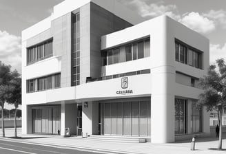 A modern building facade with large glass windows, prominently displaying signage for a medical center in bold blue and red colors against a sleek grey exterior.