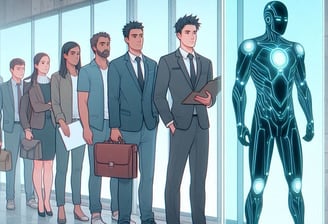 Una fila de personas esperando para entregar su CV; el primero de la fila es un robot que ha potenciado su CV con IA.