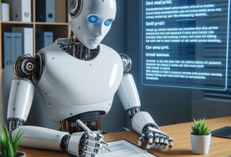 Un robot humanoide firmando un contrato en una oficina,  muy seguro de lo que está haciendo.
